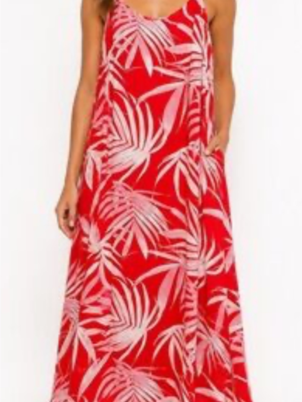 1.STATE sleeveless maxi dress with a red and white tropical palm leaf print